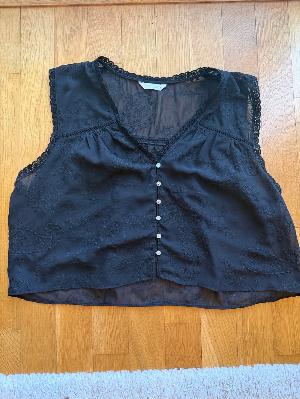 Zara Black Sleeveless Lace-Trim Button Front Crop Top